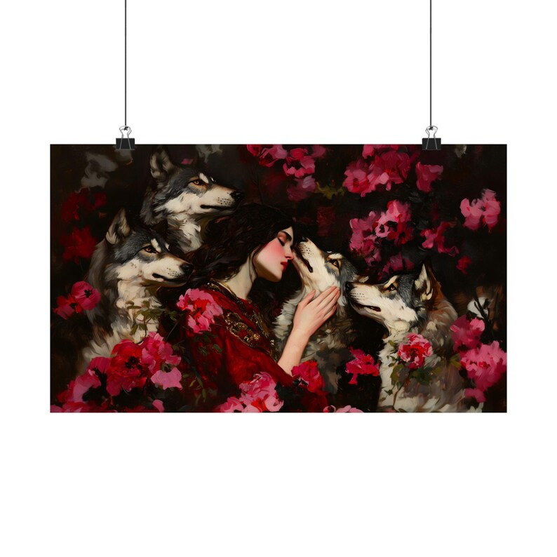 Woman and Wolves Art Print, Dark Romantic Wolf Wall Art, Fantasy Portrait Poster Bild 7