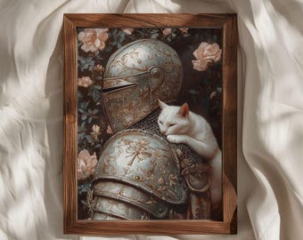 Knight with Cat Print, Dark Floral Medieval Wall Art, White Cat Armor Poster, Moody Dark Academia Decor, Cat Lover Fantasy Art Print