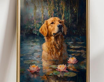 Golden Retriever Wall Art, Dog in Water Lily Pond Painting, Golden Retriever Print, Nature Dog Artwork, Pet Lover Gift, Rustic Home Decor