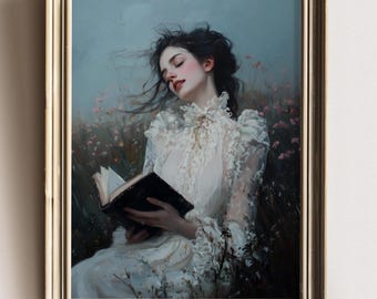 May include: A woman in a white lace dress sits in a field of flowers, reading a black book. Her hair is long and dark, and she is wearing a delicate gold ring on her finger. The background is a soft blue and green, with a hint of pink from the flowers.