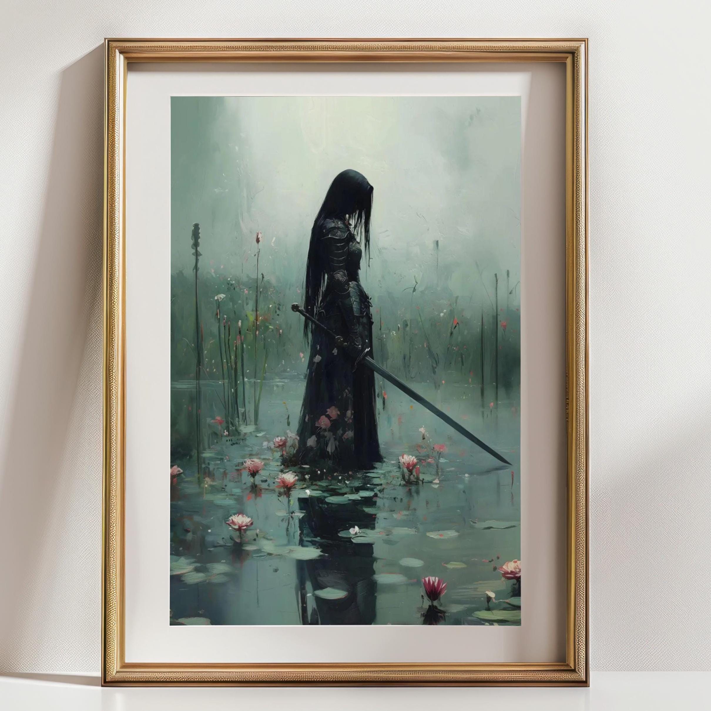 Lady Knight in the Lake Art Print, Dark Academia Wall Decor, Medieval ...