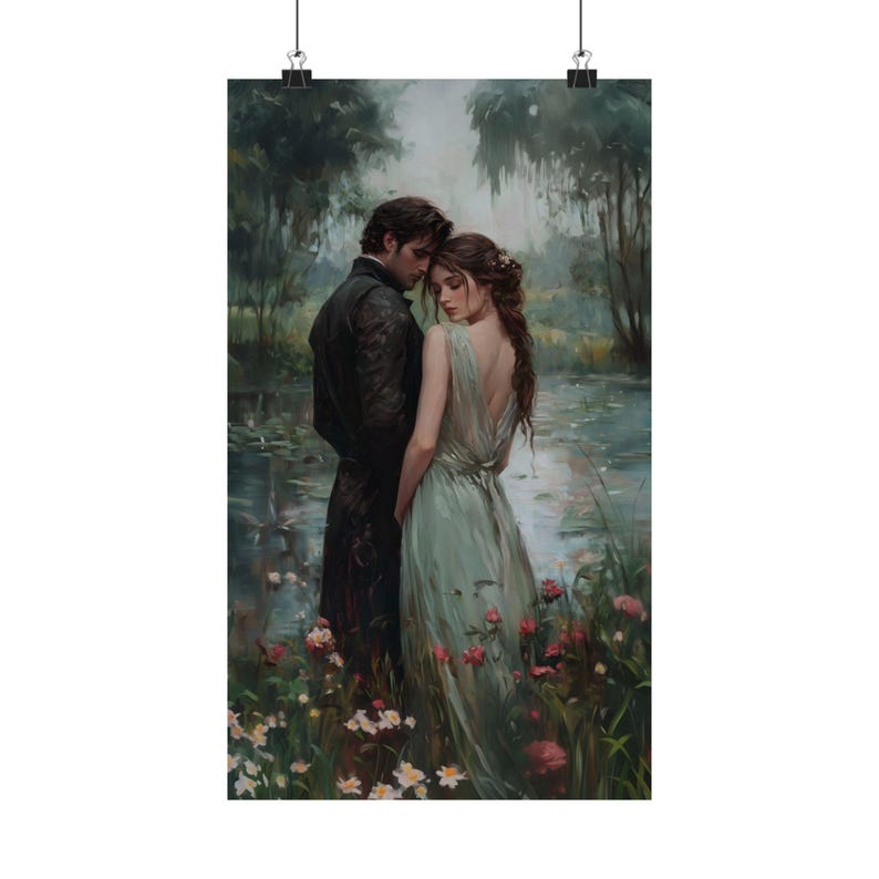 A painting depicting a couple embracing in a lush, verdant landscape with flowers and foliage.