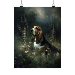 Basset Hound Wall Art, Dark Floral Dog Print, Moody Pet Portrait Poster bild 7