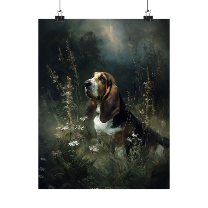 Basset Hound Wall Art, Dark Floral Dog Print, Moody Pet Portrait Poster bild 7