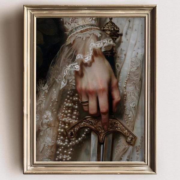 Victorian Art Sword Print moody Painting, Woman with Sword Print, victorian decor wall art, dark moody antique art Print, lace, sword