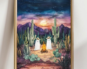 Cute Desert Ghost Art Print – Western Halloween Wall Decor, Cactus Sunset Ghost Poster, Spooky Southwest Country Aesthetic