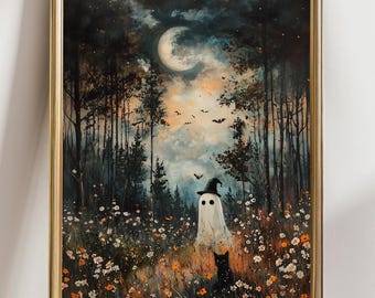 Whimsical Ghost Wall Art Print, Cute Spooky Forest Illustration, Cottagecore Halloween Decor, Magical Night Art