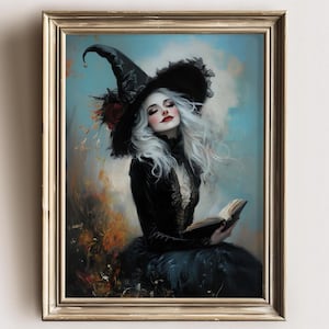 May include: A painting of a woman wearing a black witch's hat and a black dress. She is holding a book in her hands and has her eyes closed. The background is a blue sky with clouds.