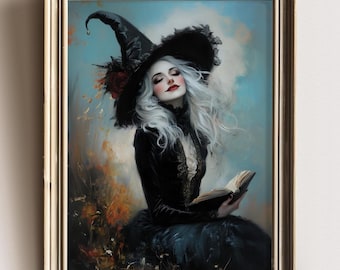 May include: A painting of a woman wearing a black witch hat and a black dress. She is holding a book in her hands and has her eyes closed. The background is a blue sky with clouds.