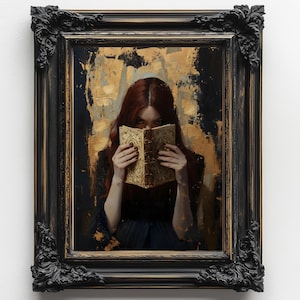 Victorian Woman Bookish Wall Art Print , Dark Academia Reading Decor, Librariancore Wall Art, Moody Reading Nook Painting, Book Lover Gift