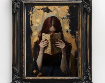 Victorian Woman Bookish Wall Art Print , Dark Academia Reading Decor, Librariancore Wall Art, Moody Reading Nook Painting, Book Lover Gift
