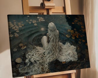 Moonlit Water Nymph Art Print – Mystical Woman with Long Hair by Pond, Fantasy Lake Scene Wall Art, Ethereal Nature Goddess Decor