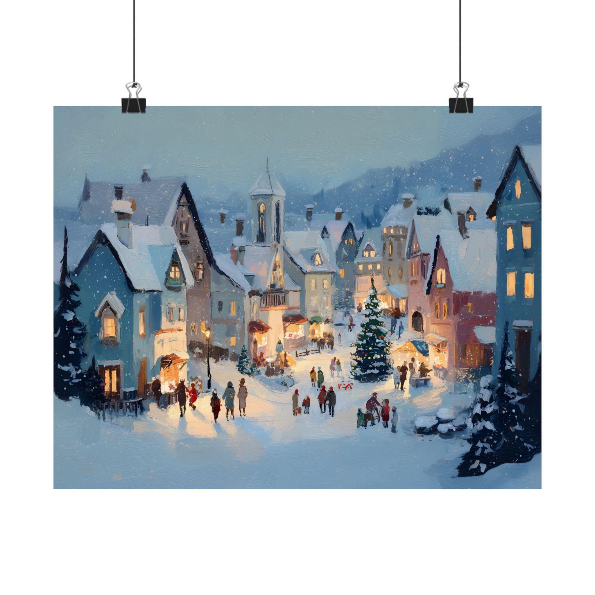 Christmas Village Painting – Winter Town Scene Wall Art – Snowy Holiday ...