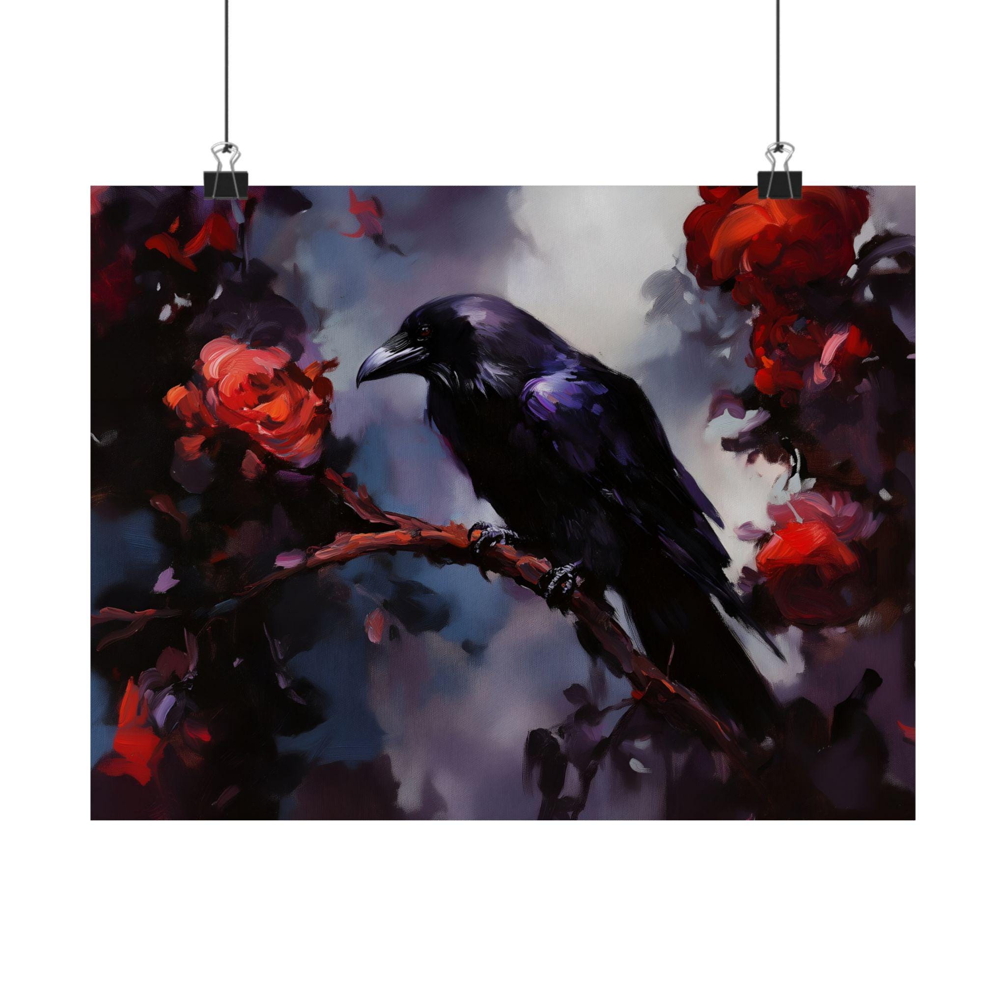 Raven and Roses Wall Art, Gothic Dark Bird Print, Fantasy Nature Poster ...
