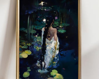 Mystical Water Lily Pond Woman Art Print, Dark Fantasy Goddess Painting, Moonlight Lake Wall Decor, Ethereal Female Figure Artwork