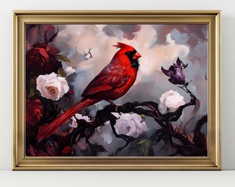 Red Cardinal Wall Art • Symbol of Love and Remembrance • Floral Bird Painting • Romantic Nature Print • Gift of Hope and Comfort