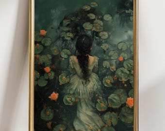 Romantic Woman in Water Lilies Wall Art Print, Fantasy Cottagecore Painting, Ethereal Feminine Artwork for Home Decor