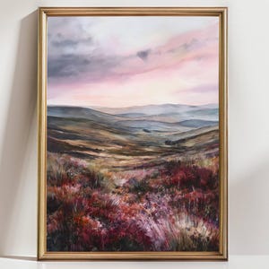 Heather Moorland Landscape Print – Romantic Wildflower Hillside Art – Serene Countryside Wall Decor – Soft Pastel Nature Painting