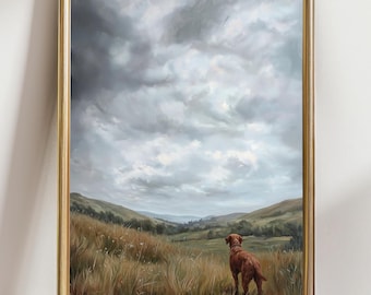 Chocolate Labrador Landscape Painting, Labrador Retriever Wall Art, Rustic Countryside Dog Print, Moody Sky Nature Artwork