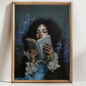 Black Woman Reading Art Print – Dark Academia Floral Wall Art, Bookish Aesthetic, Cottagecore Library Decor, Feminine Study Vibes