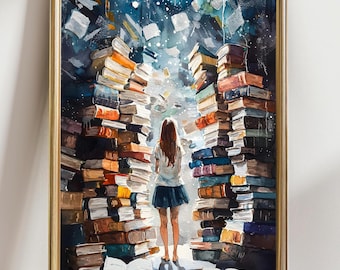 Book Lover Art Print Girl with Books Wall Decor, Magical Library Poster, Reading Nook Artwork, Gift for Bibliophiles