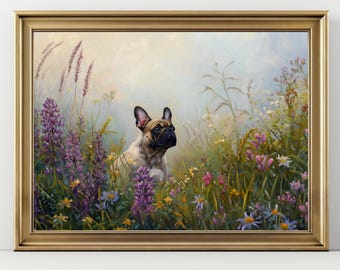 French Bulldog Wildflower Meadow Wall Art Print, Frenchie Dog Painting, French Bulldog Lover Gift, Cute Frenchie Artwork, Cottagecore Dog