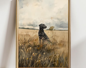 Black Labrador Art Print, Field Dog Portrait Wall Decor, Rustic Country Pet Painting, Nature Dog Lover Gift, Farmhouse Animal Art