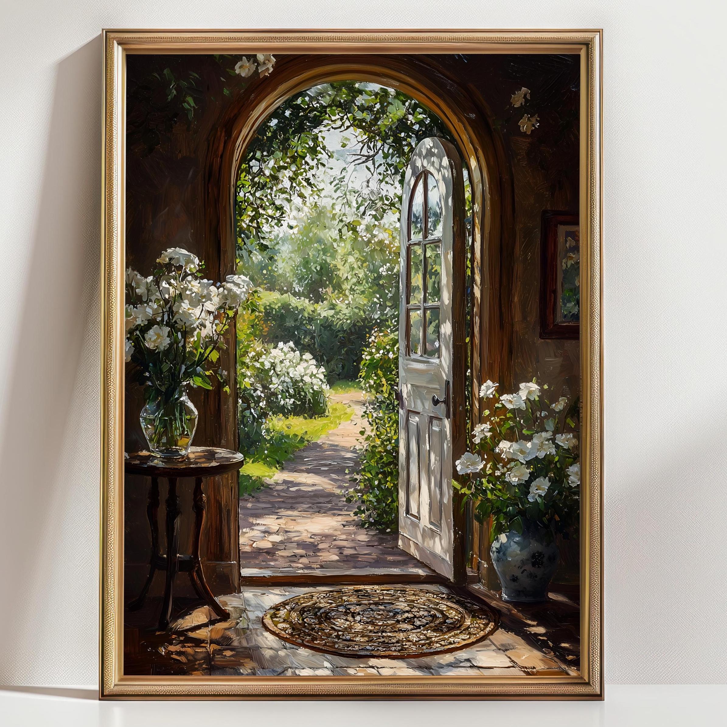 Open Door Garden View Art Print, Cottagecore Floral Entryway Wall Decor, Peaceful Home Painting, Sunlit Path Nature Lover Gift