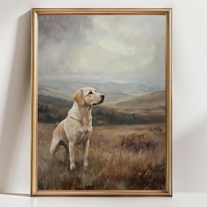 Golden Labrador Dog Wall Art | Rustic Landscape Dog Portrait Print | Countryside Dog Decor | Farmhouse Pet Lover Gift Poster