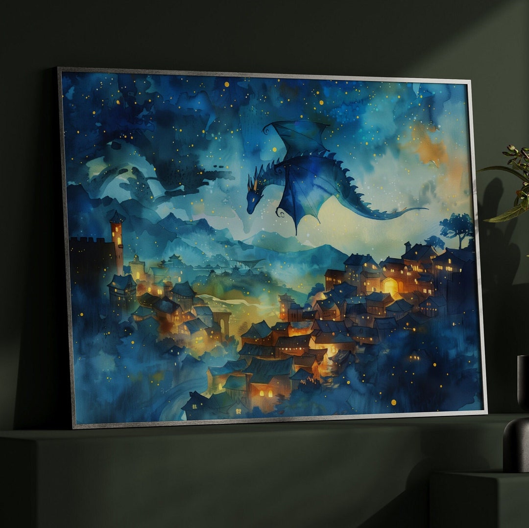 Blue Dragon Fantasy Art Print – Magical Night Sky Village Scene ...
