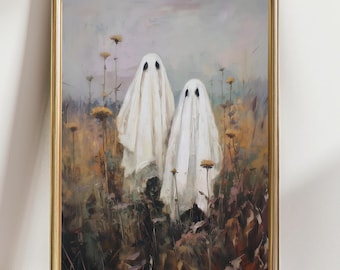 Whimsical Ghost Couple Wall Art – Halloween Pastel Print, Fall