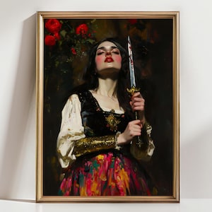 Lady Knight with Sword Art Print, Dark Academia Wall Decor, Medieval Fantasy Wall Art, Woman Knight Poster, Renaissance Knight Gift