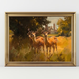 Deer Wall Art – Peaceful Woodland Buck and Doe Print, Country Wildlife Painting, Nature Animal Home Decor
