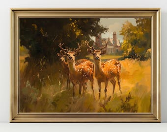 Vintage Deer Painting Wall Art, Rustic Woodland Animal Print, Cottagecore Forest Landscape Decor, Nature Art for Living Room or Cabin