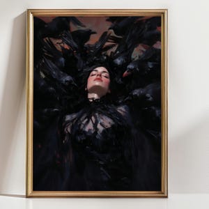 Gothic Raven Art Print - Dark Fantasy Woman with Crows, Witchcore Wall Decor, Crow Painting Gift
