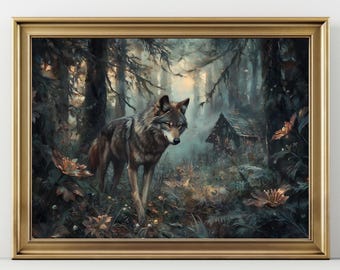 Wolf in Enchanted Forest Art Print, Dark Academia Nature Wall Decor, Mystical Woodland Animal Painting, Cottagecore Fantasy Poster