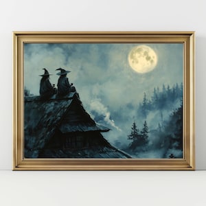 Witchy Moonlight Wall Art – Two Witches on Rooftop Print, Full Moon Forest Witch Decor, Whimsical Halloween Illustration
