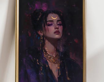 Mystical Moon Goddess Wall Art Print | Dark Feminine Portrait Poster | Lunar Witch Aesthetic Decor | Celestial Fantasy Art