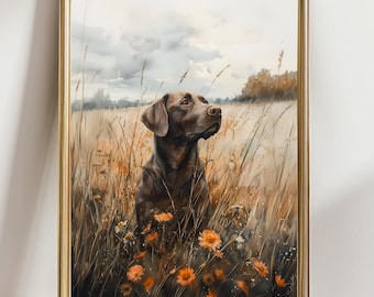 Könnte beinhalten: Aquarellmalerei eines schokoladenbraunen Labrador Retrievers in einem Feld mit hohem Gras und orangefarbenen Wildblumen. Der Hund blickt nach oben. Das Kunstwerk ist in einem goldfarbenen Rahmen gerahmt.