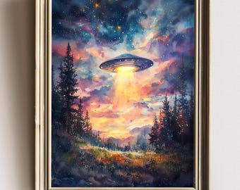 UFO Surreal Art Print,Wildflower Meadow, Eclectic Wall Art,  Floral Cottagecore Landscape Funny Altered Art Print UFO Wall Alien Art Print