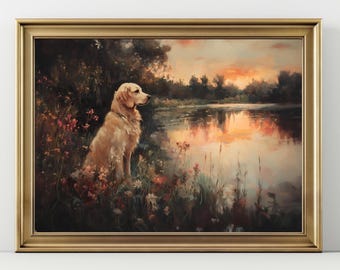 Golden Retriever Lake Sunset Wall Art Print Golden Retriever Landscape Painting, Dog Lover Gift, Rustic Nature Dog Artwork, Golden Retriever