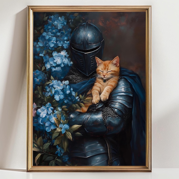 Medieval Knight with Orange cat Art Print, Knightcore Fantasy Art, Fantasy Decor, Dark Academia Print, Goth Moody Victorian Wall Art