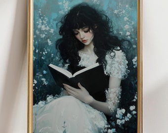 Moody Bookish Victorian Art Print , Woman Reading a Book, Wildflowers Dark Academia, Book Lovers Art, Library Art, Bookish