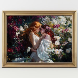 Love Queens, Two Goddess in Floral Garden Wall art Sappho Lesbian decor Art Print, Cottagecore, Lesbian Wall art painting wlw art