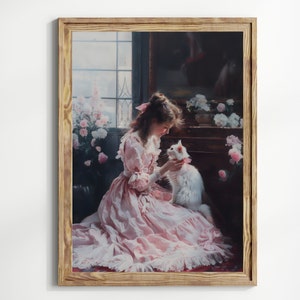Victorian Coquette Cat Light Academia Wall Art Vintage Pink Painting Soft Girl Aesthetic Preppy Poster Girly Coquette Room Decor Balletcore