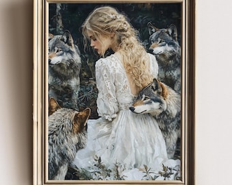 Enchanting Girl with Wolves Wall Art, White Dress Wolf Print, Dark Fantasy Poster