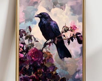 Gothic Raven Dark Fantasy Wall Art, Dark Woman Bird Print, Witchy Goddess Poster