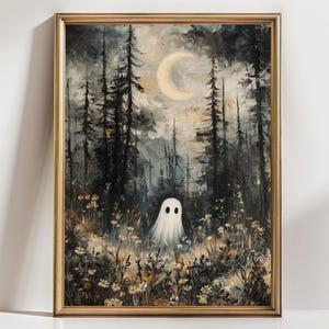 Ghost in the Forest Art Print Spooky Woodland Wall Art, Dark Cottagecore Aesthetic Crescent Moon Ghost Halloween Decor Gothic Wall Print