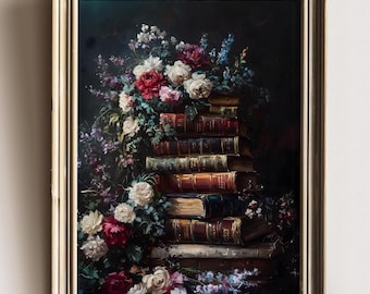 Vintage Books and Flowers Art Print – Romantic Literary Still Life Wall Art, Antique Book Stack with Roses and Blooms