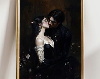 Romantic Gothic Couple Art Print • Dark Fantasy Lovers Artwork • Victorian Gothic Wall Decor • Enchanted Love Painting • Moody Decor